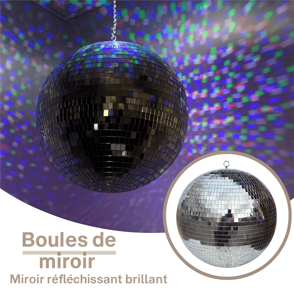 Boule disco 40 cm gris argentée suspendue, miroir réfléchissant brillant pour fêtes et événements.